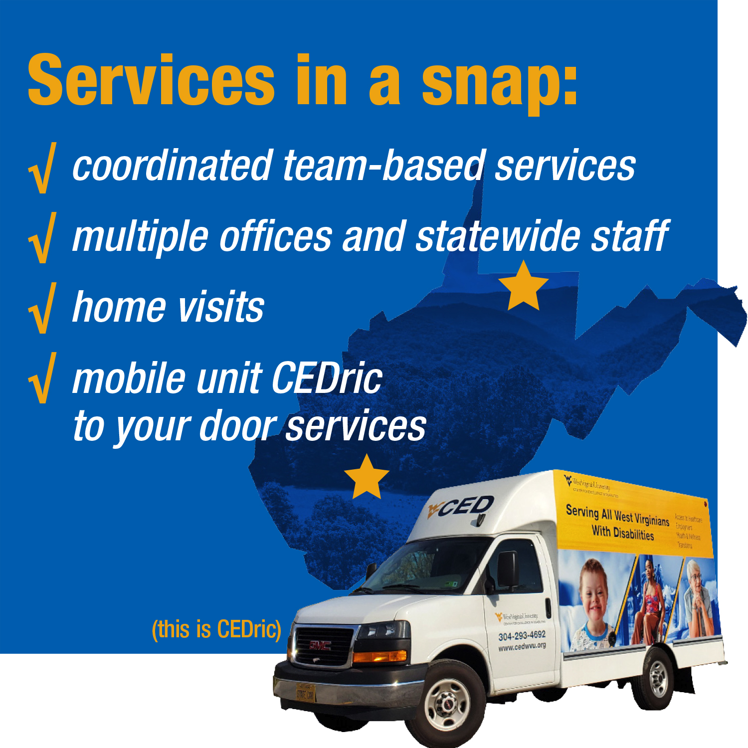 ‘√ coordinated team-based services
multiple offices and statewide staff
home visits
mobile unit CEDric to your door services
(this is CEDric)
The image also includes a CED-branded van with the text:
Serving All West Virginians With Disabilities
304-293-4692