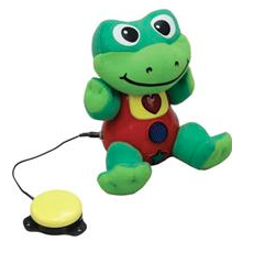 a green stuff frog with a green button