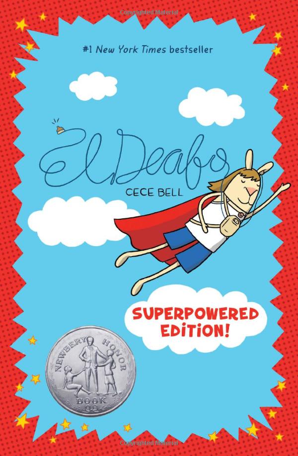 Cover of El Deafo featureing a cartoon of a superhero that wears hearing aids